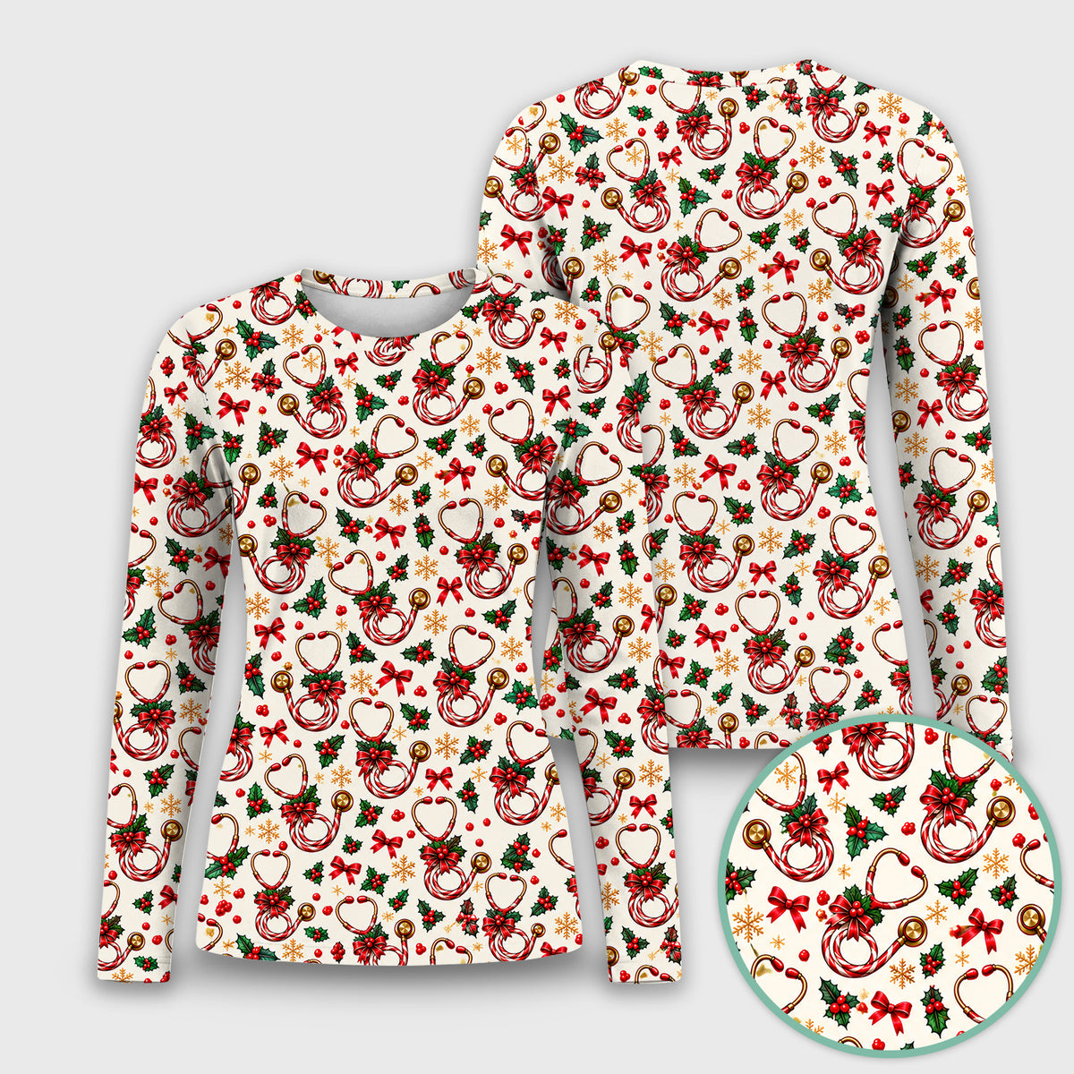 Christmas Candy Cane Stethoscope Pattern Underscrub, Long Sleeve Shirt for Nurses