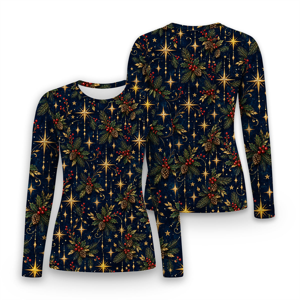 Elegant Christmas Gold Stars and Pinecones Pattern Underscrub, Long Sleeve Shirt for Nurses