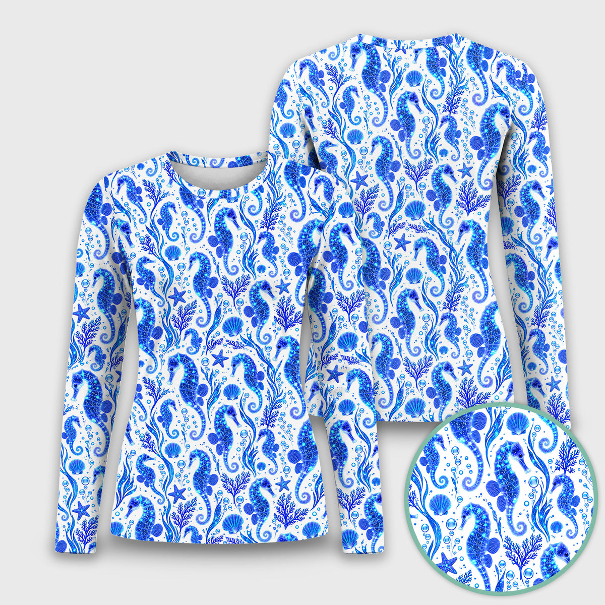 Blue Ocean Seahorse Pattern Underscrub, Long Sleeve Shirt for Nurses