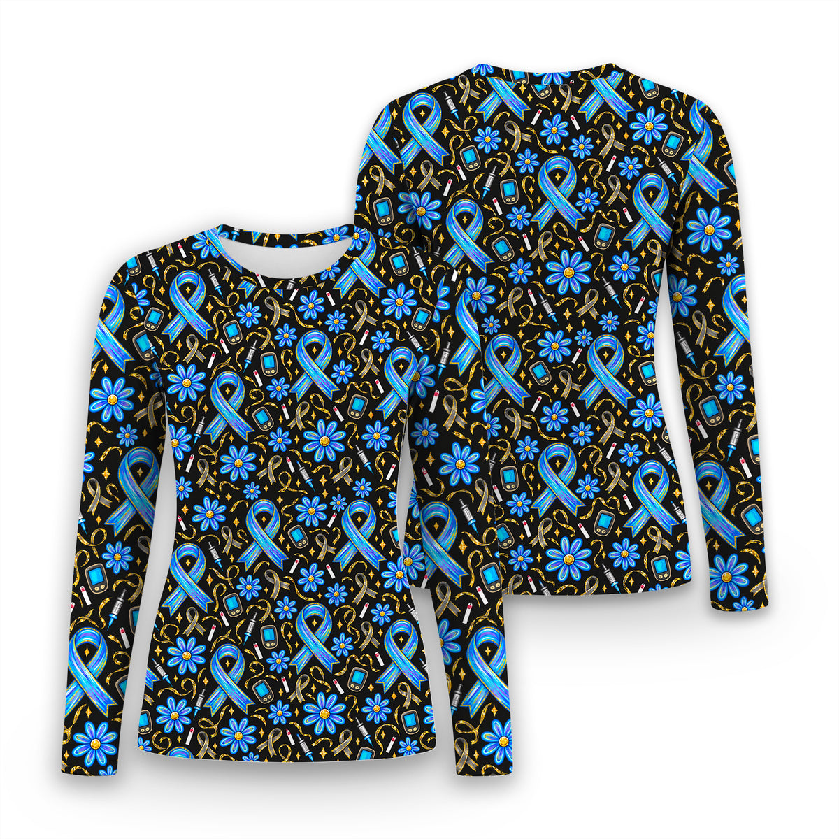Diabetes Awareness Ribbon Pattern Underscrub, Long Sleeve Shirt for Nurses