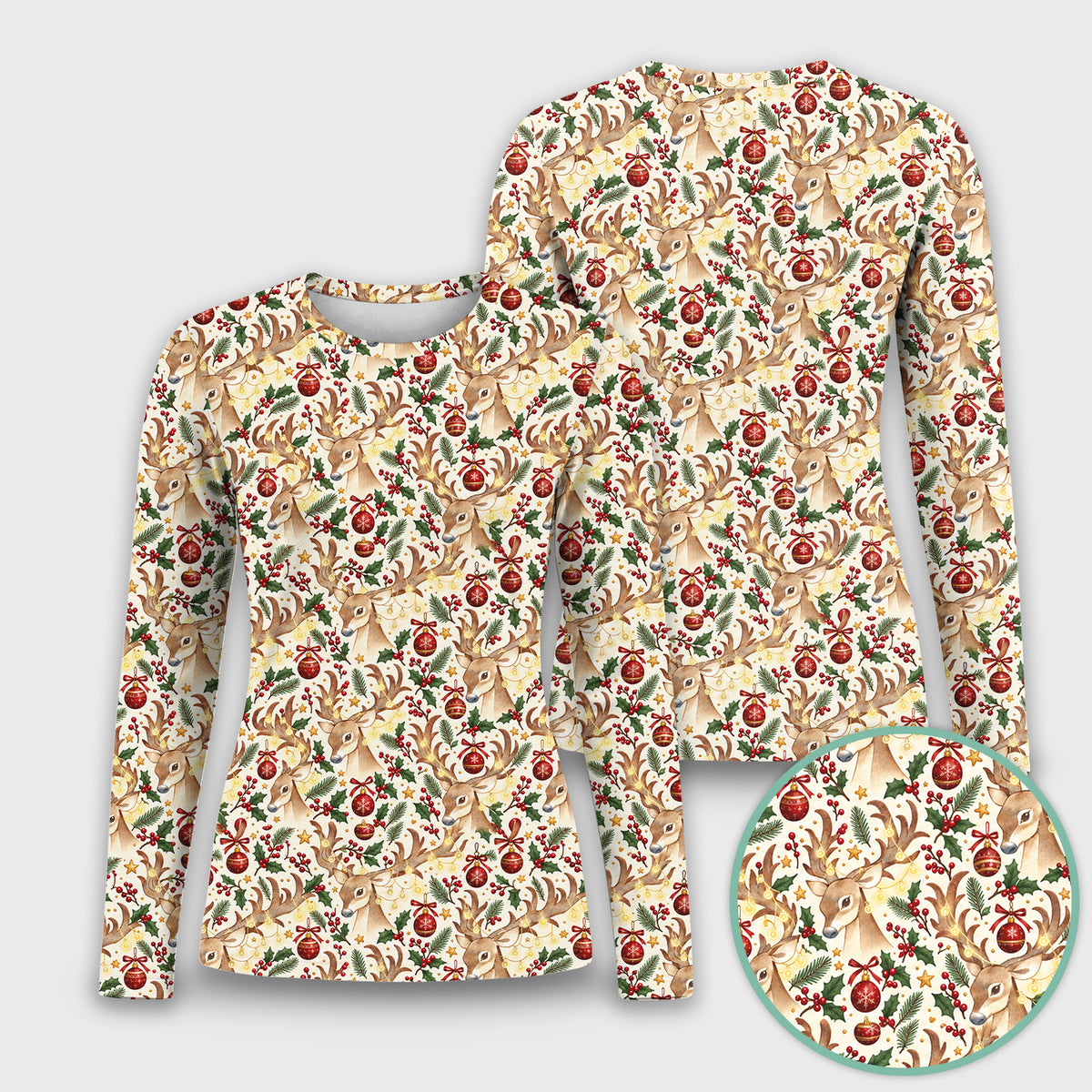 Christmas Reindeer And Holly Underscrub, Long Sleeve Shirt for Nurses