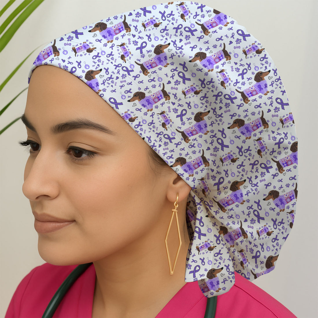 Dachshund Bouffant Scrub Caps for Women - Purple Ribbon Surgical Caps for Doctors - Breathable Fabrics Caps Uniform - Puppy Lover Gift