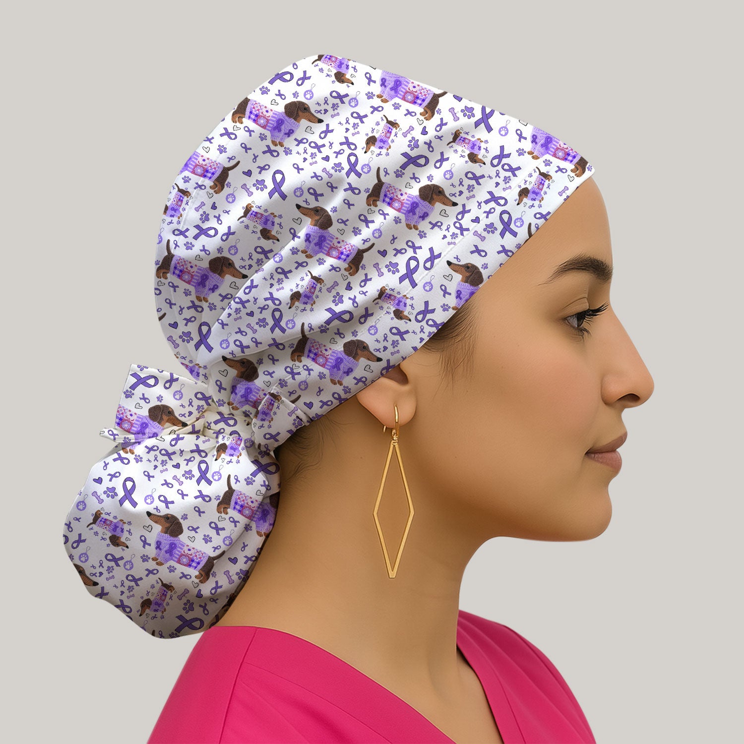 Dachshund Bouffant Scrub Caps for Women - Purple Ribbon Surgical Caps for Doctors - Breathable Fabrics Caps Uniform - Puppy Lover Gift