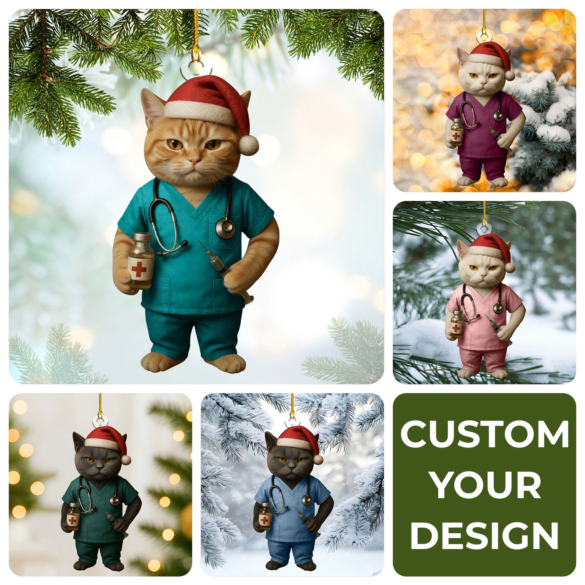 Personalized Christmas Cat Nurse Ornament - Funny Cat Doctor Xmas Tree Decor - Cute Medical Ornament Gift for Nurses and Doctors